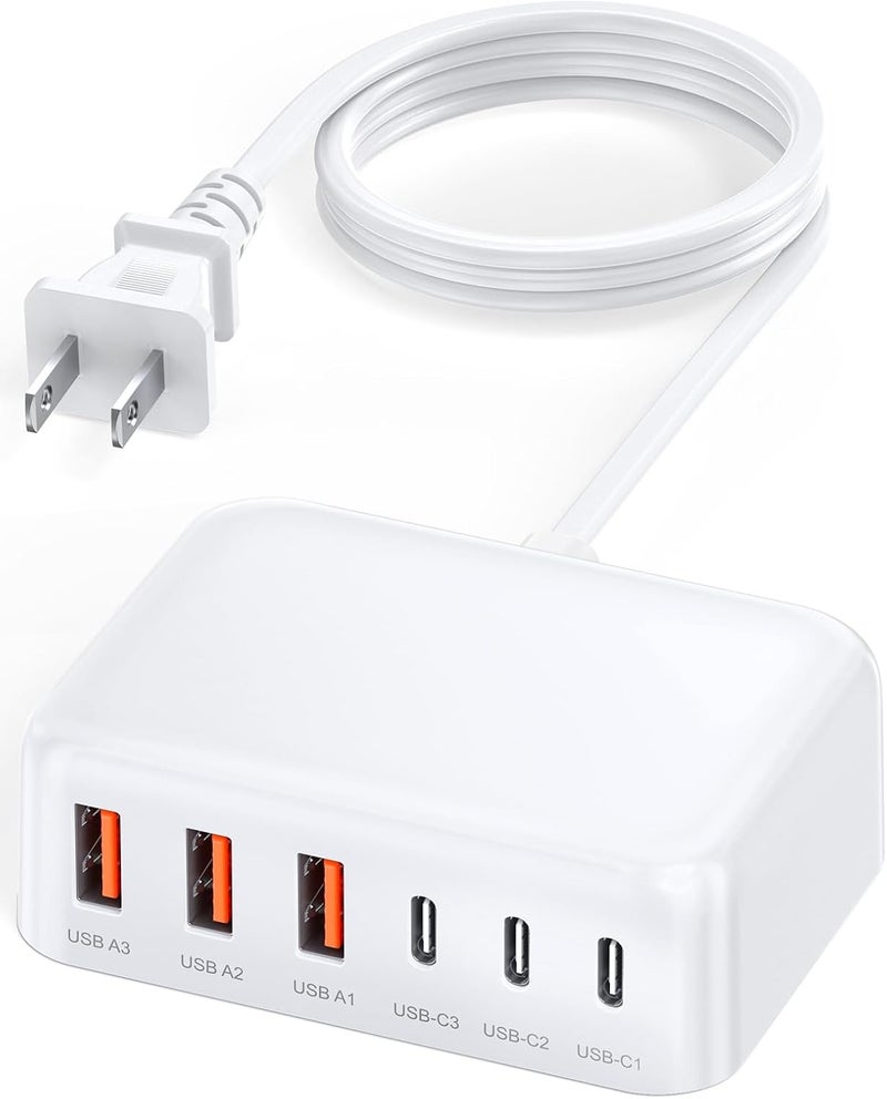 BOVICAS محول شاحن USB C، 100 واط GaN 6 منافذ PD USB C QC USB A محول حائط مربع، محطة شحن فائقة السرعة من نوع C لجهاز iPhone 17 16 15 14 13 Pro Max iPad Samsung Pixel 5 أقدام كابل تمديد - Image 1